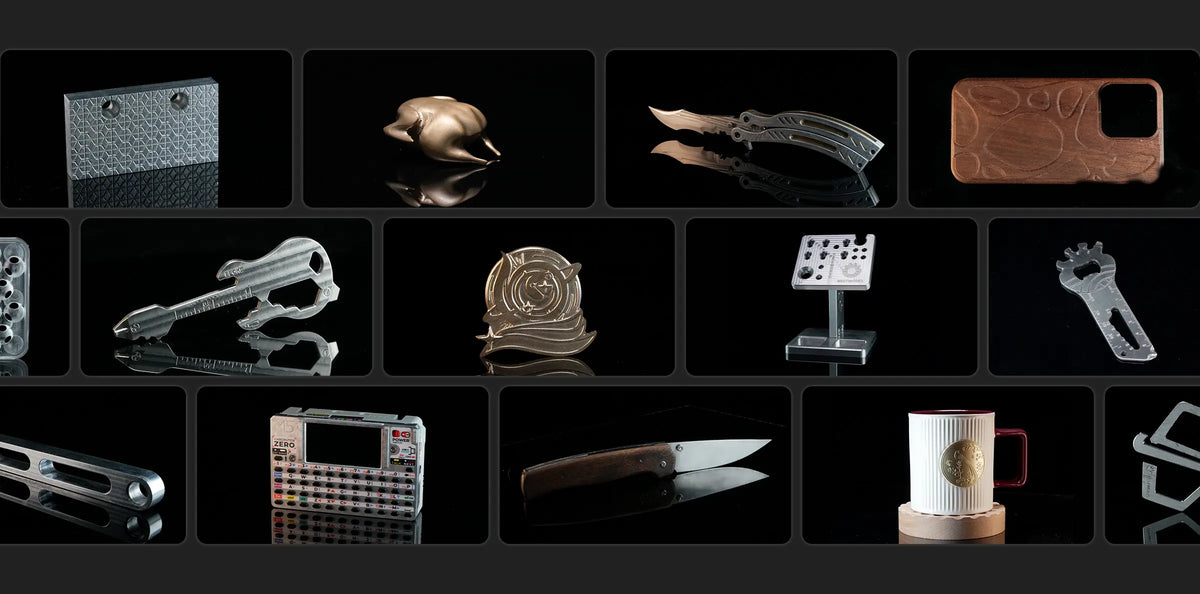 Sample projects machined with the C500 Desktop CNC in metal, wood, and other materials