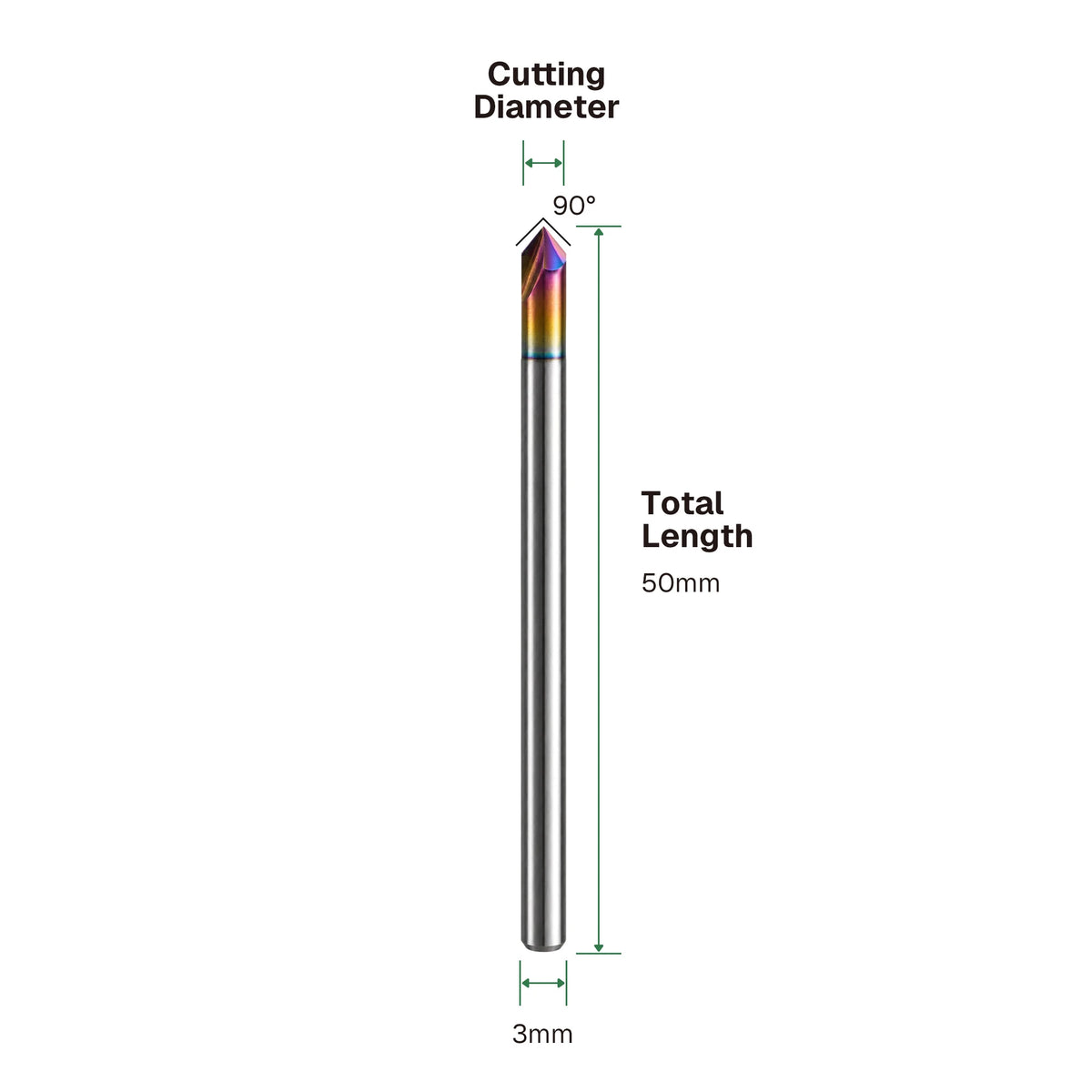 DLC 2-Flute Chamfer Mill Dimensions - 3mm Shank