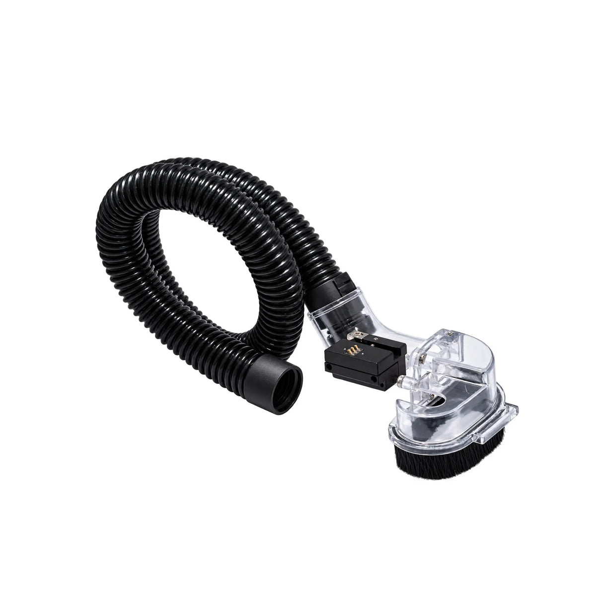 Dust shoe with a clear cover, circular brush skirt, and black corrugated hose