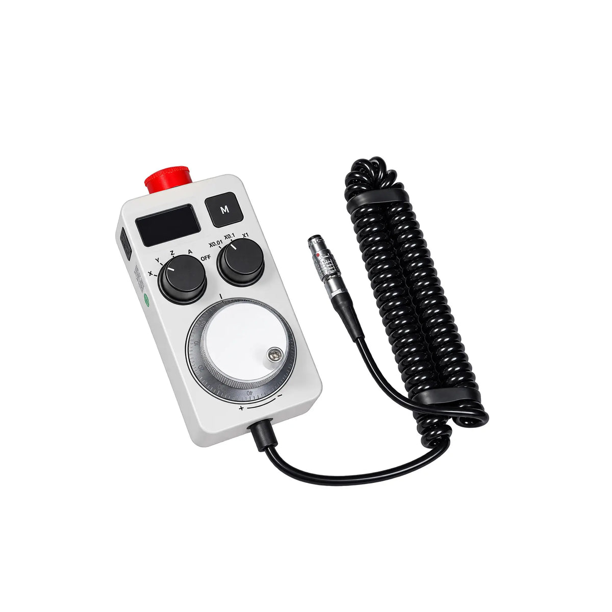 Handheld handwheel pendant with a rotary dial, display, buttons, and coiled cable