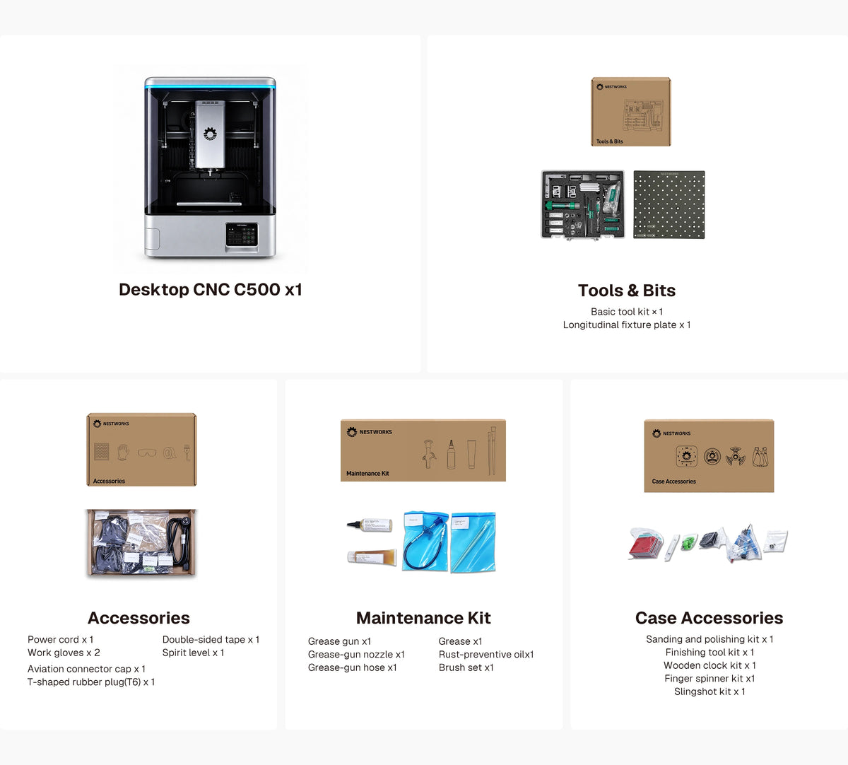 C500 Desktop CNC package contents including tools, accessories, maintenance kit, and machining materials