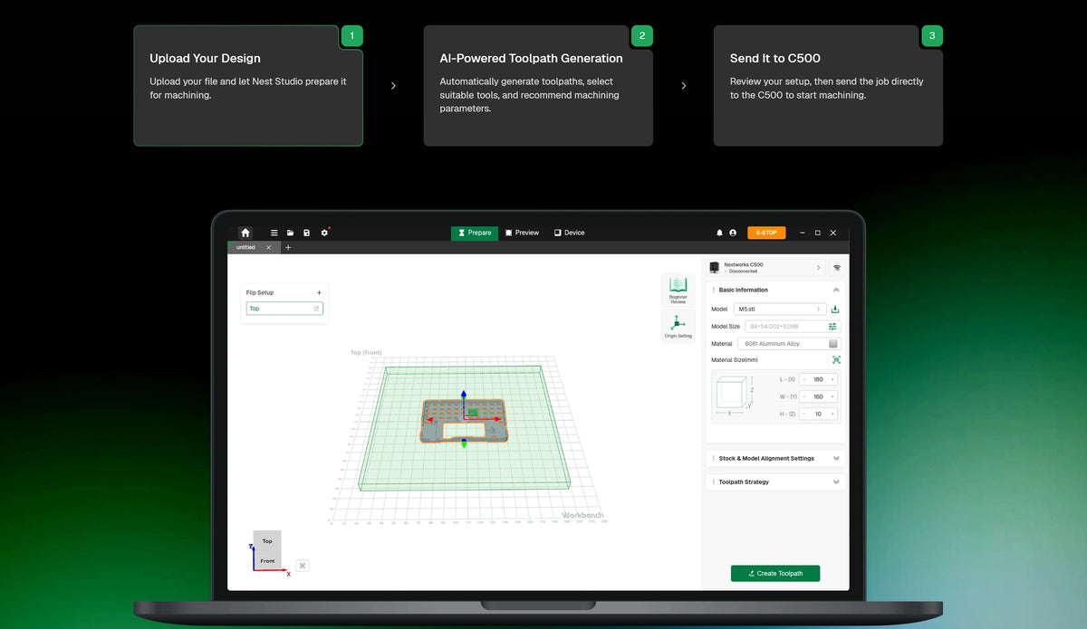 C500 smart CNC workflow from design upload to toolpath generation and machining