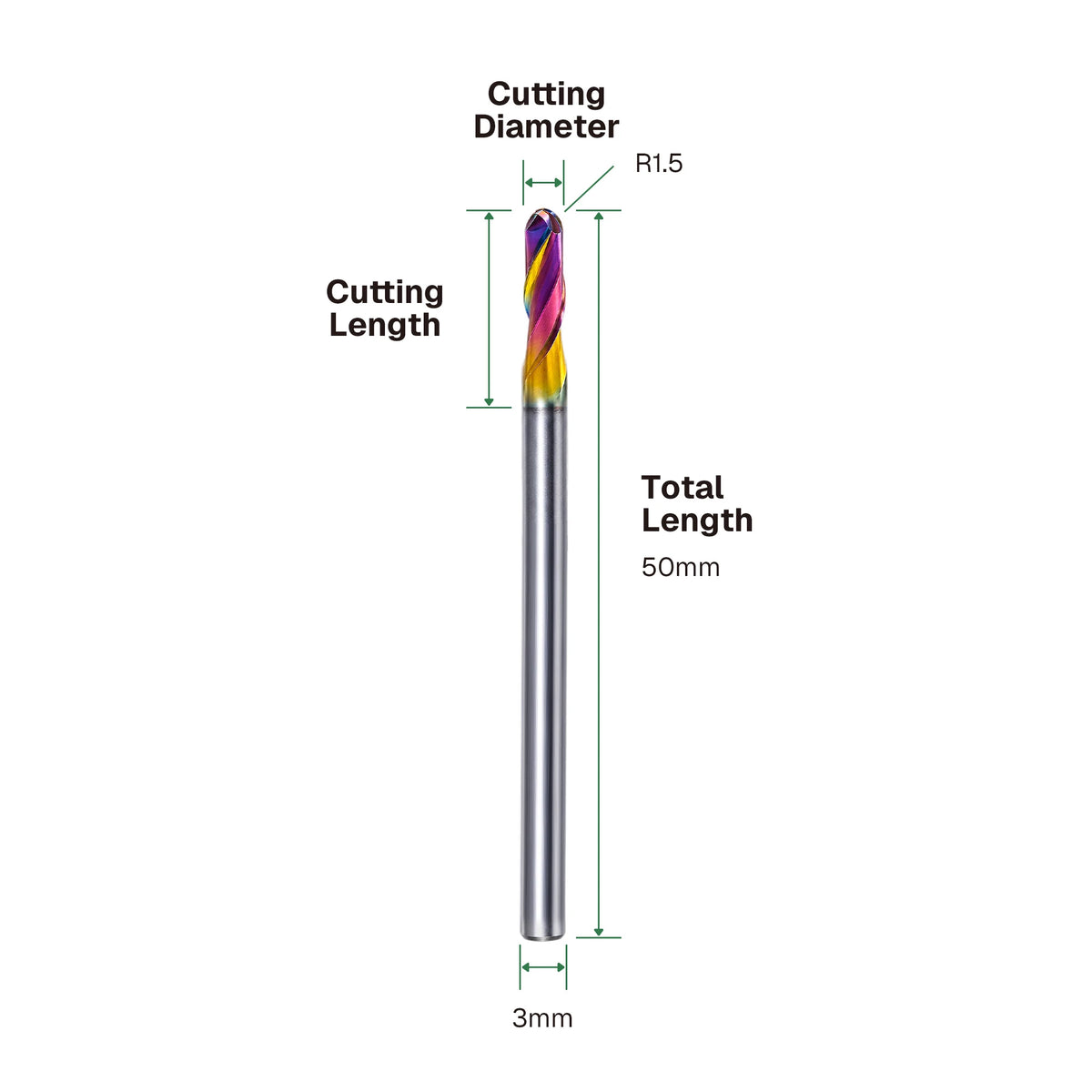 Dimensions of 3mm x 10mm DLC 2-flute ball nose end mill