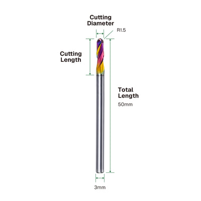 Dimensions of 3mm x 10mm DLC 2-flute ball nose end mill