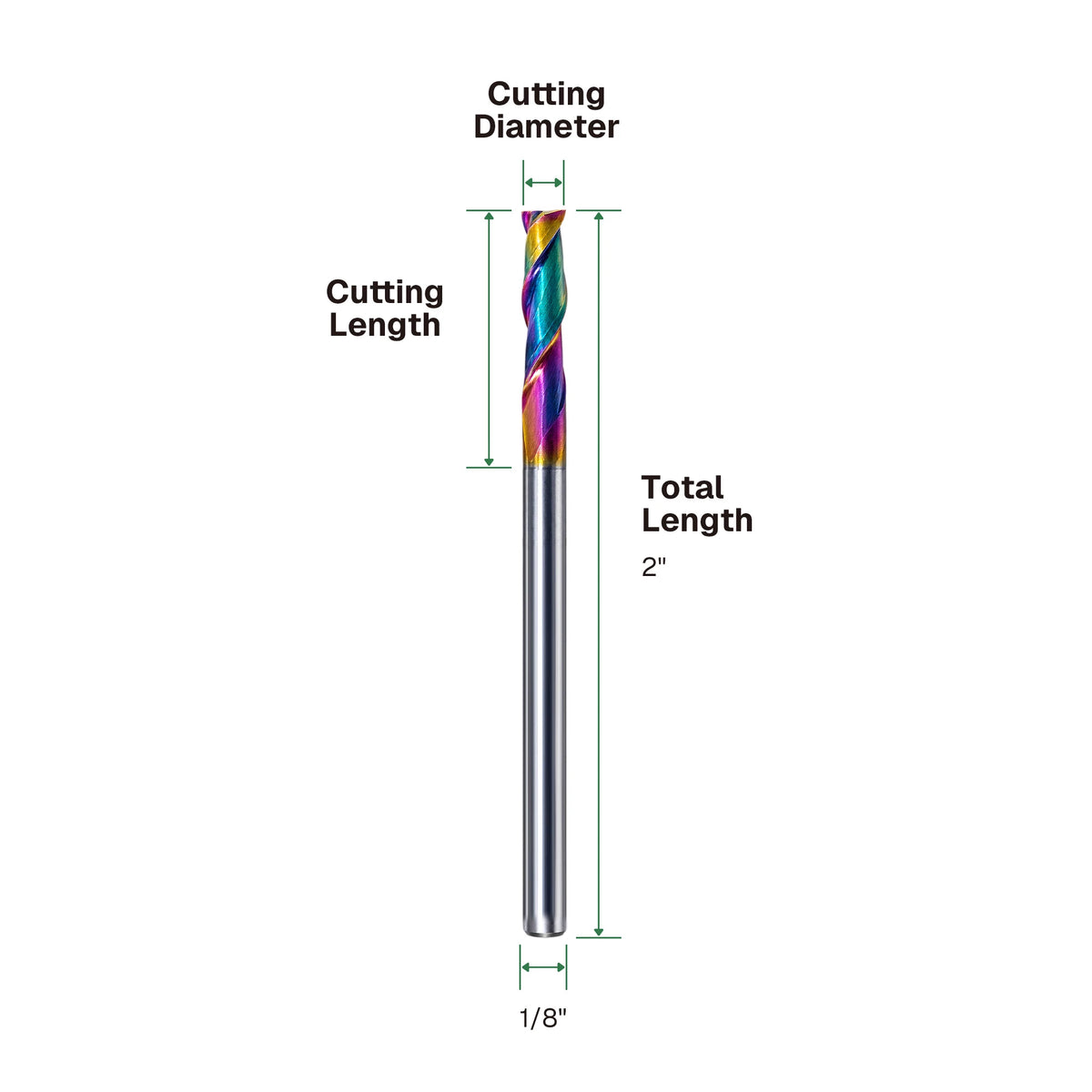DLC 2-Flute Flat End Mill Dimensions – 1/8" Shank