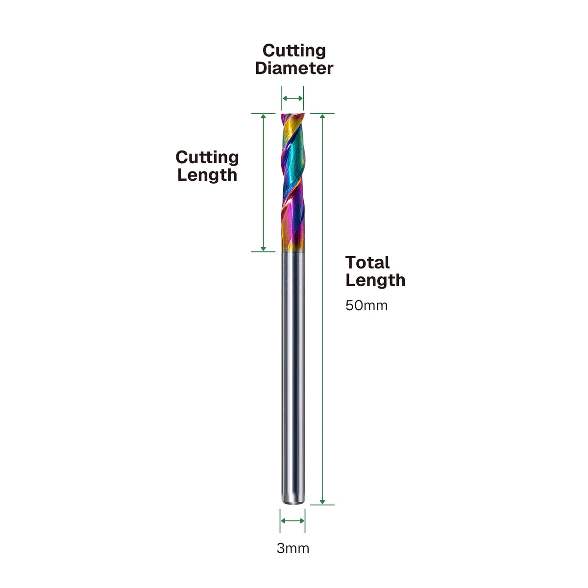 DLC 2-Flute Flat End Mill Dimensions – 3mm Shank